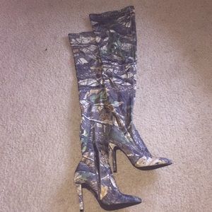 Khaki camouflage thigh high boots